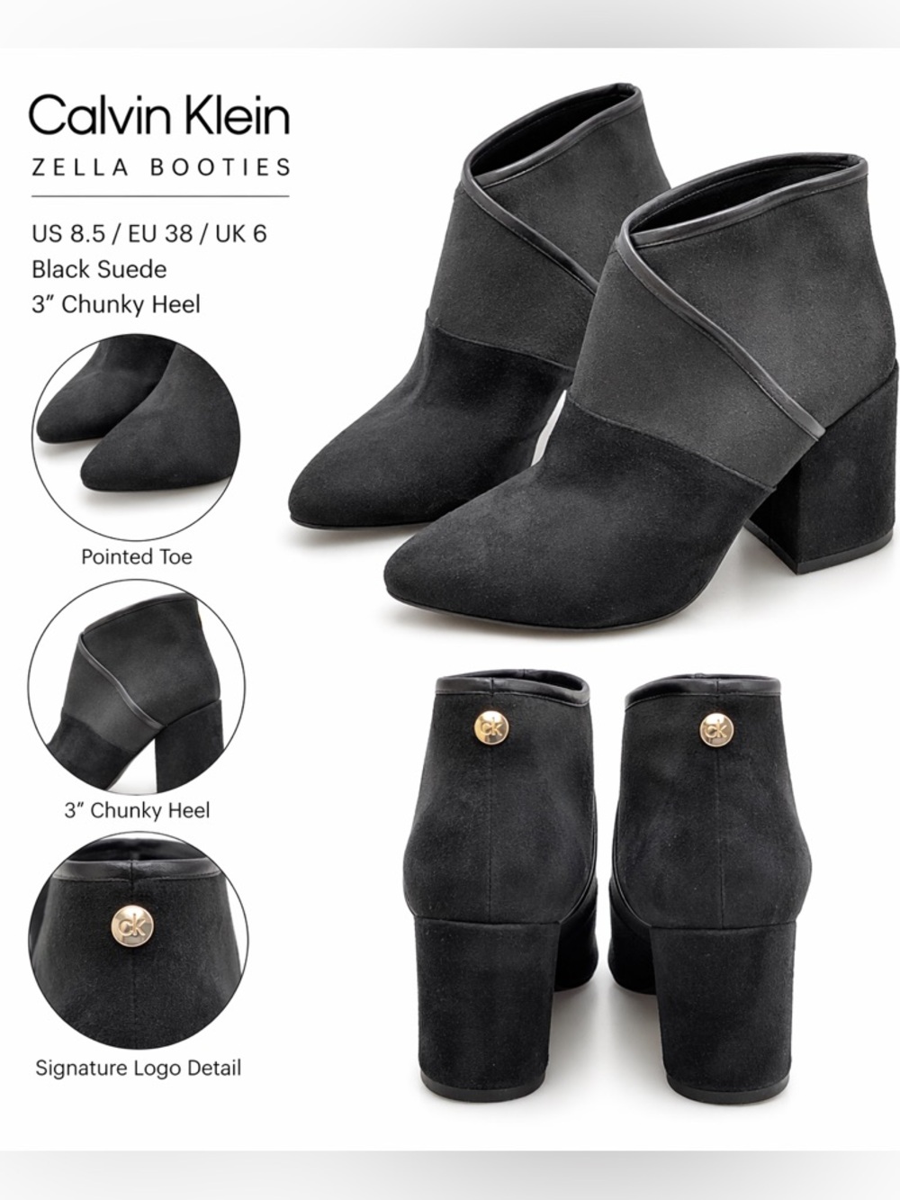 Calvin Klein Zella Black Suede Ankle Booties 8.5 Block Heel Stretch Panel